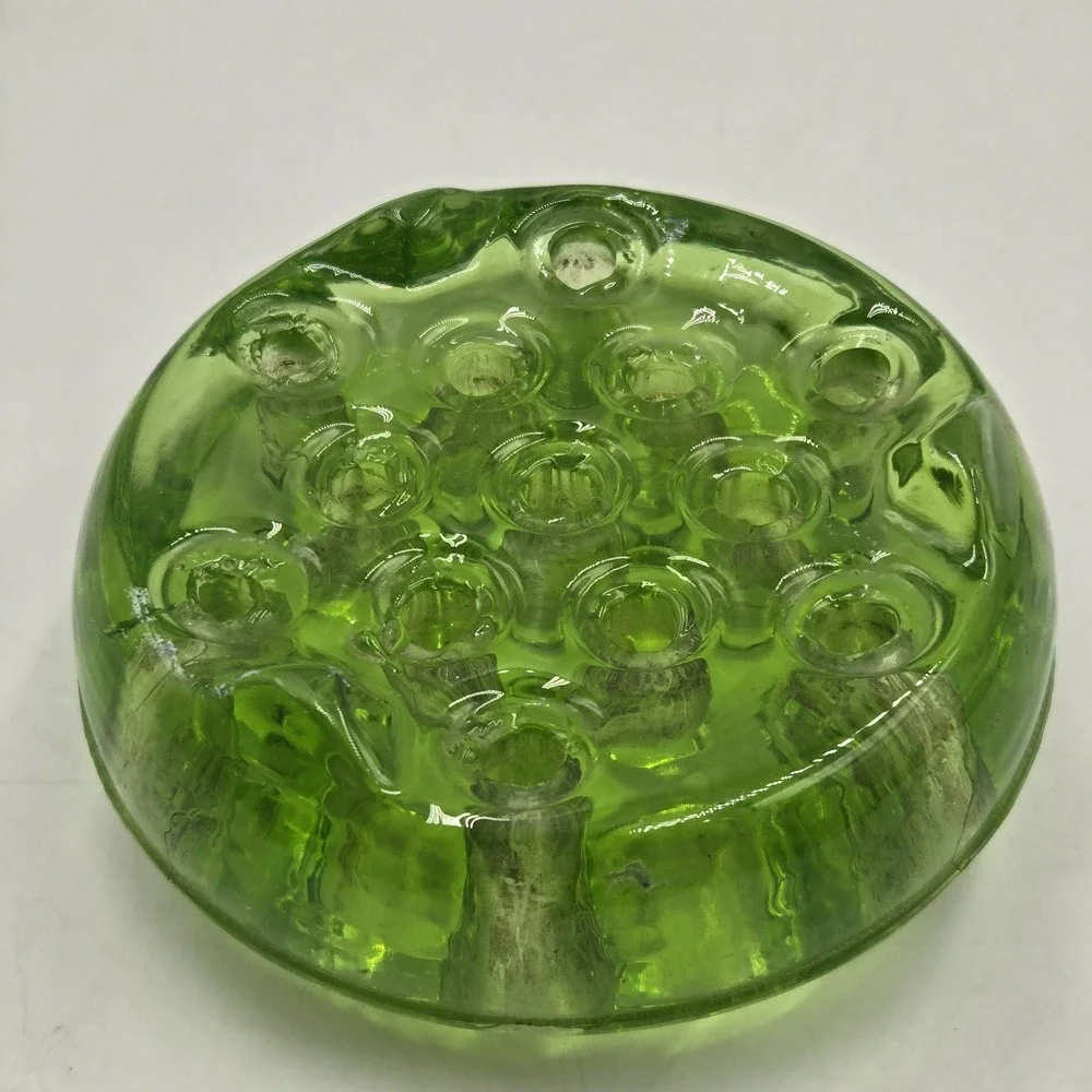 VTG Green Depression Flower Frog Glows Uranium Vaseline Glass 13 Hole 4.5